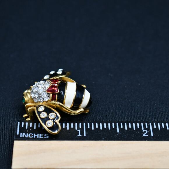 Vintage Joan Rivers Bee Brooch, Gold Plated, Enamel Red White Black, 1990s - Picture 6 of 10